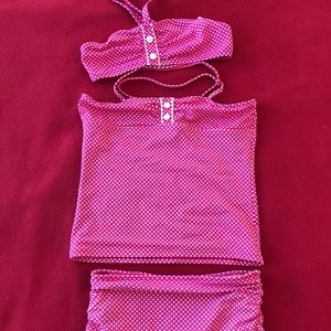 Lands’ End Pink polka dot swimsuit with 2 tops.